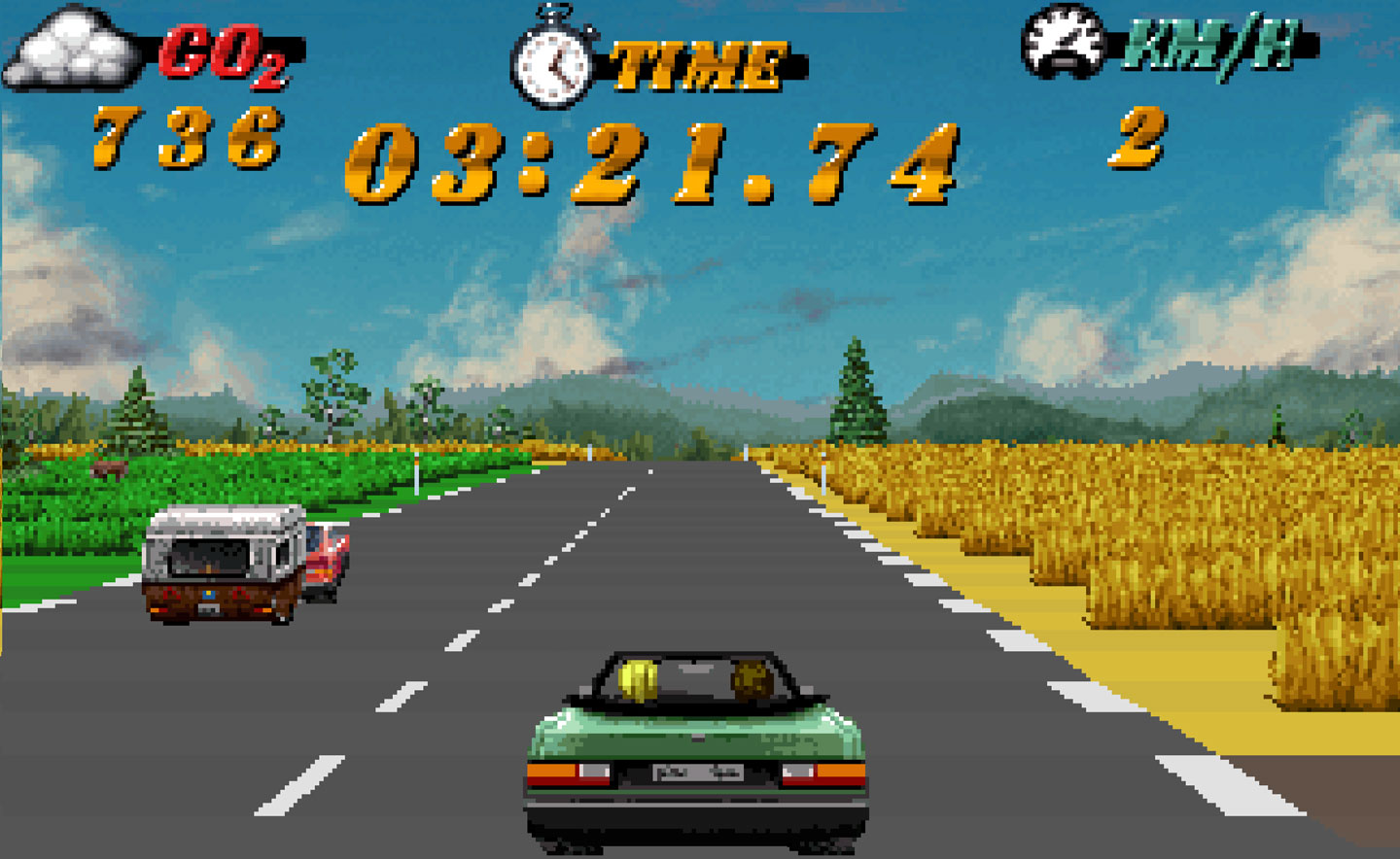 Screenshot of the game EcoRun showing the player car passing a caravan