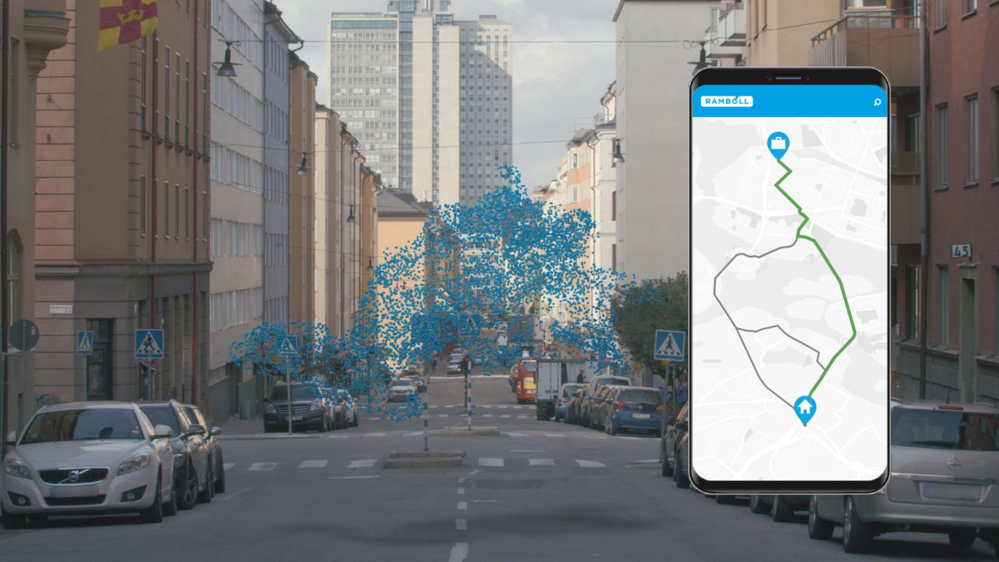 Street with particles and screenshot of Ramboll Happy Commuter app