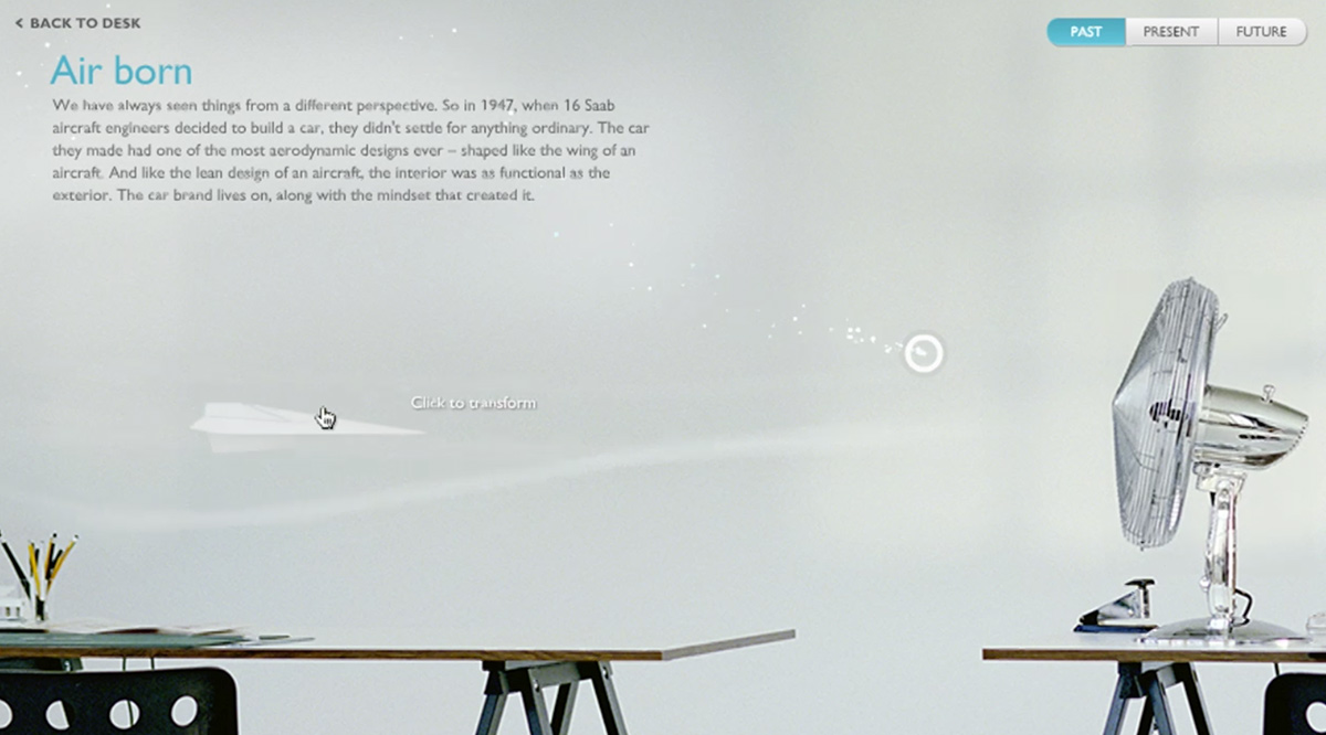 Screenshot of the SAAB Change Perspective online experience where a paper airplane flies